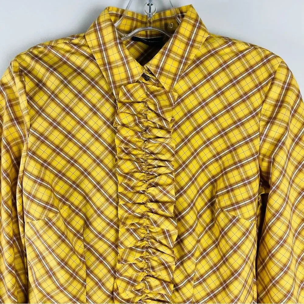 Vintage yellow brown plaid ruffle preppy 90s y2K light academia button top small